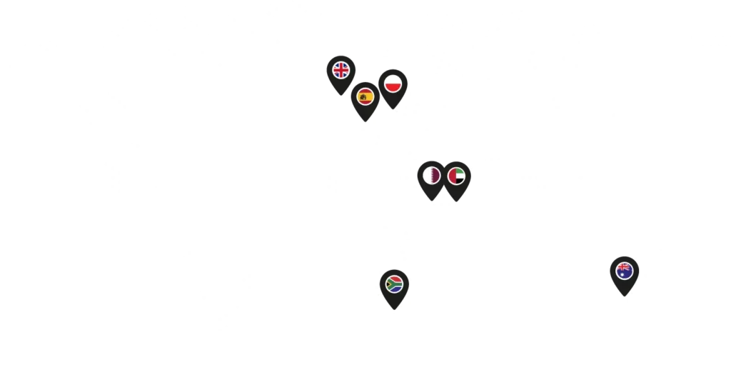 Point grid Map of Earth, with location markers pointing to The UK, Spain, Poland, Qatar, The UAE, South Africa, and Australia